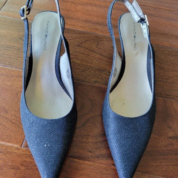 Black pointed toe sling back slight glittery shoe/sandal - Picture 1 of 5